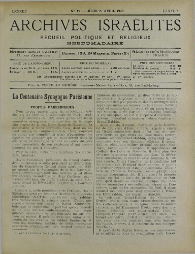 Archives israélites de France. Vol.83 N°17 (27 avr. 1922)